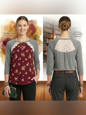 Wishful Park lacey romance Burgundy Floral Front and Lace Yoke top size large